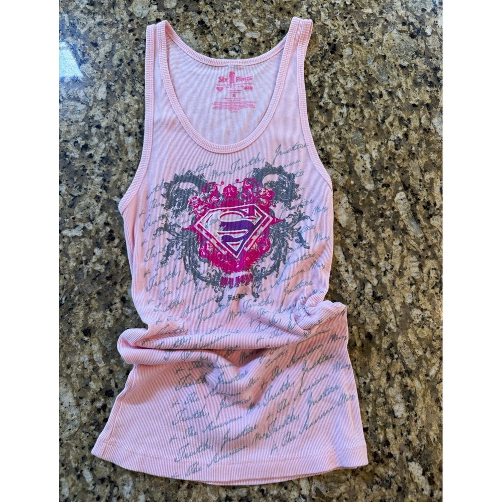 Superman Pink Ribbed Racerback Tank Top Women's XL Fits M/L Y2K Graphic